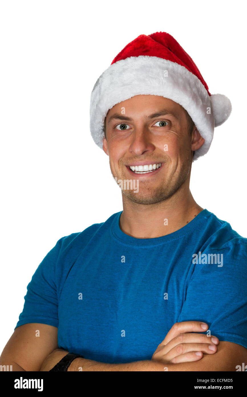 young smiling man wearing a santa hat isolated on a white background ...