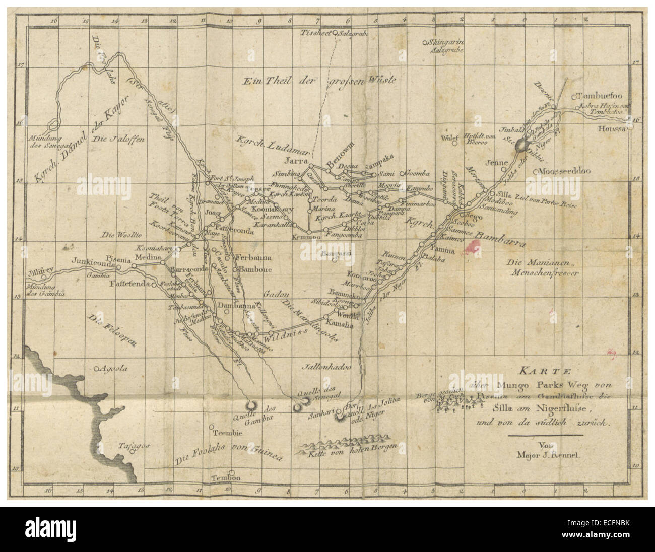 PARK(1800) p359 Karte mit Mungo Parks Reiseroute in Westafrika vom Gambia Fluss zum Niger Fluss Stock Photo