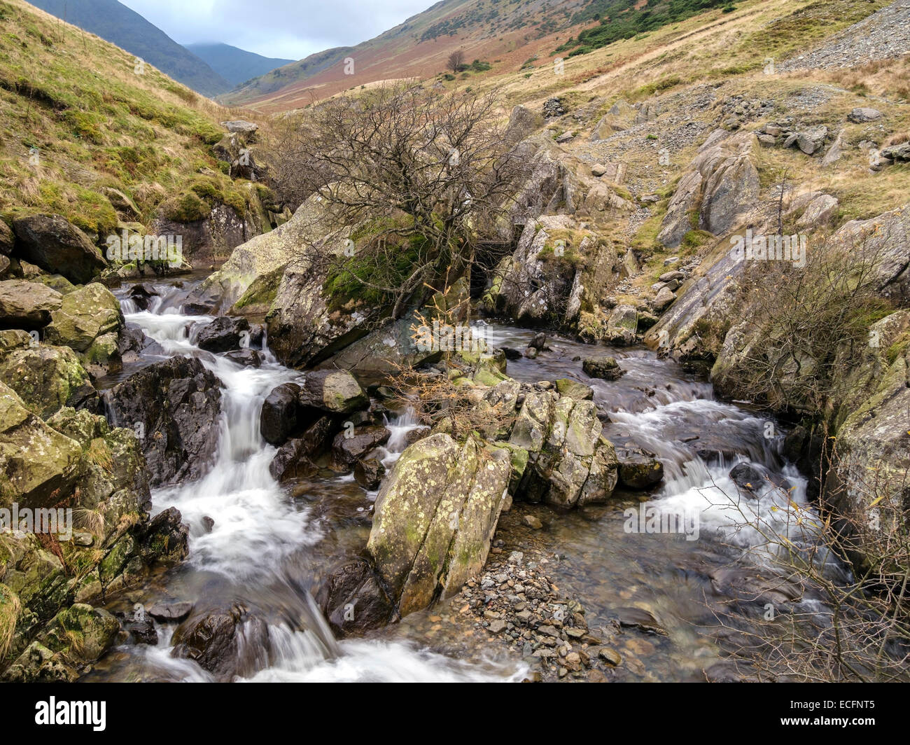 Waterfalls, Glenridding Beck mountain stream, Glenridding, Lake District, Cumbria, England, UK Stock Photo