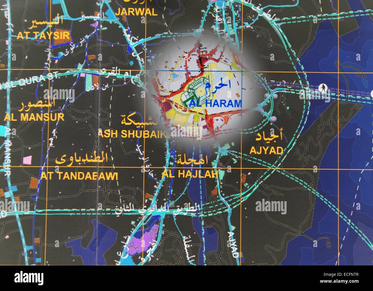 Mecca map and Masjidil Haram in Kingdom of Saudi Arabia Stock Photo