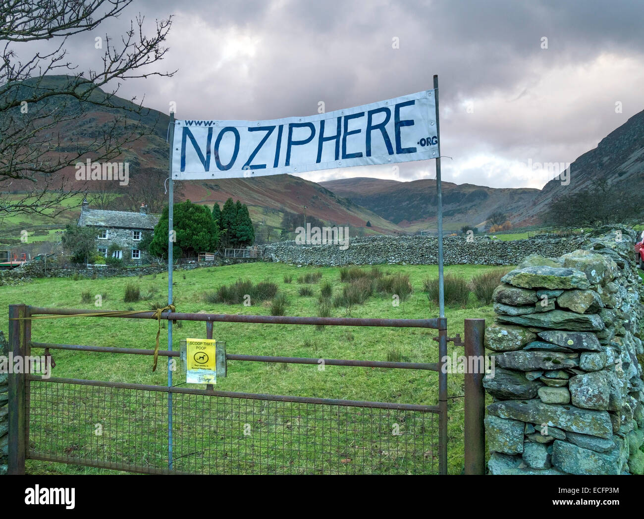 No Zip Wire protest sign, Glenridding, Lake District, Cumbria, England, UK. Stock Photo