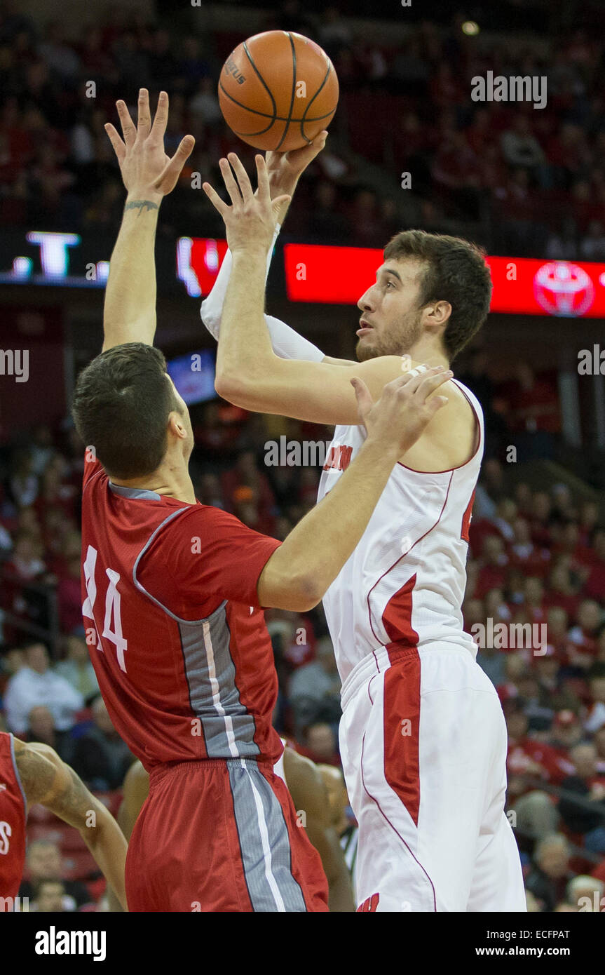 December 13, 2014: Wisconsin Badgers forward Frank Kaminsky #44 scores over Nicholls State Colonels forward Luka Kamber #44 during the NCAA Basketball game between the Wisconsin Badgers and the Nicholls State Colonels at the Kohl Center in Madison, WI. Wisconsin defeated Nicholls State 86-43. John Fisher/CSM Stock Photo