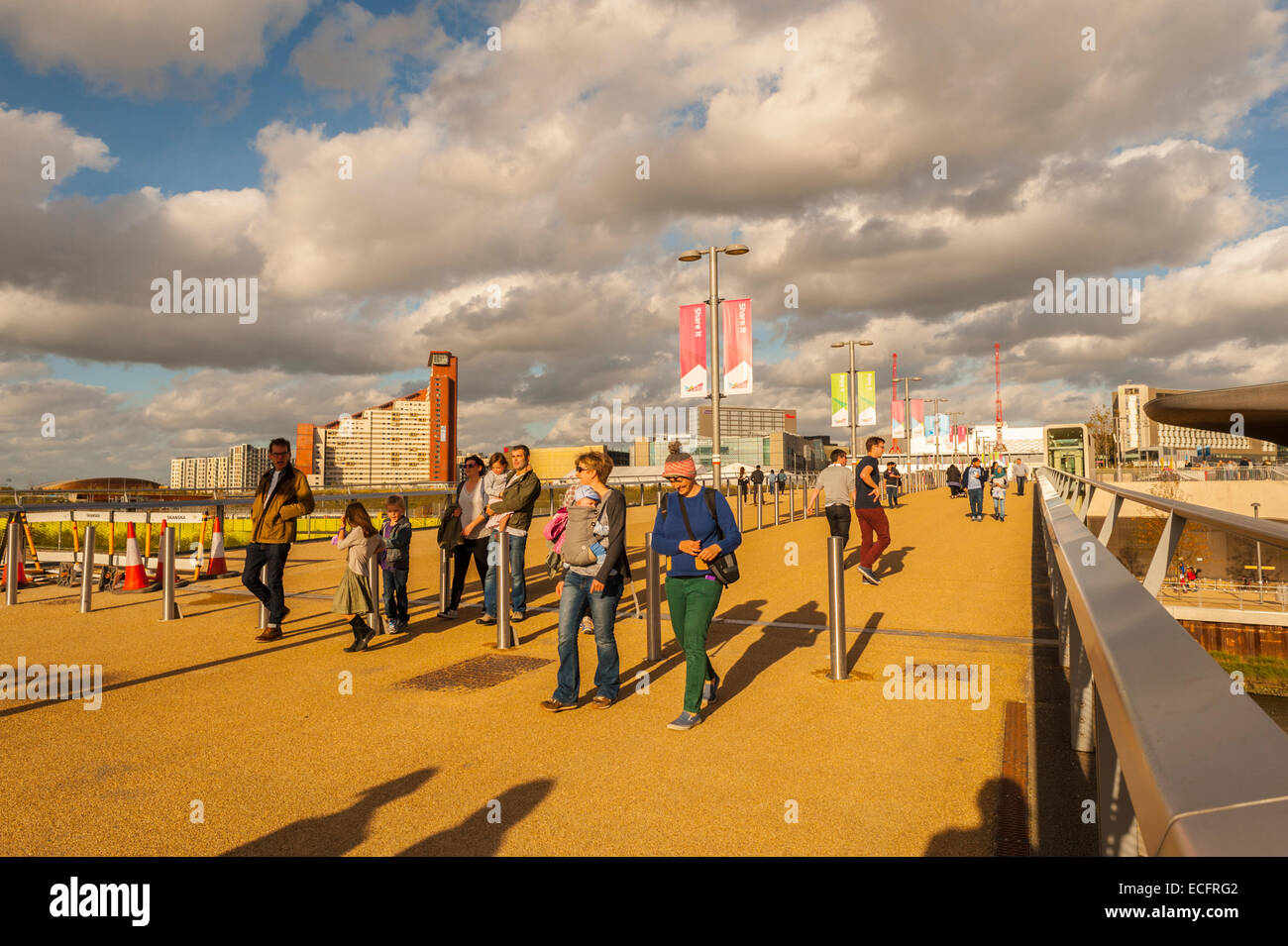 Visitors in the Queen Elizabeth Olympic Park Stratford. Stock Photo