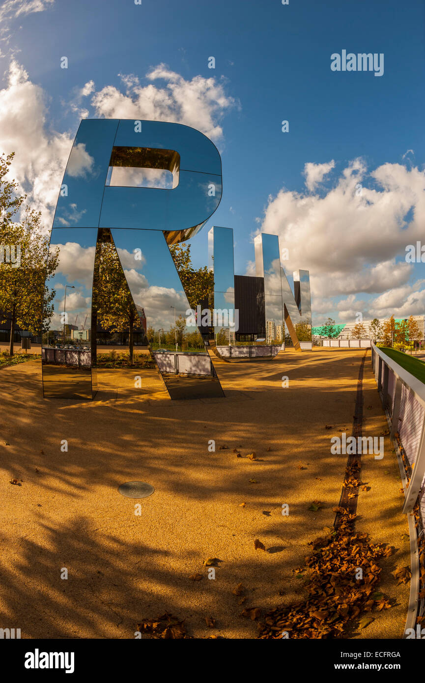 The RUN sign outside the copper box At the Queen Elizabeth park. Stock Photo