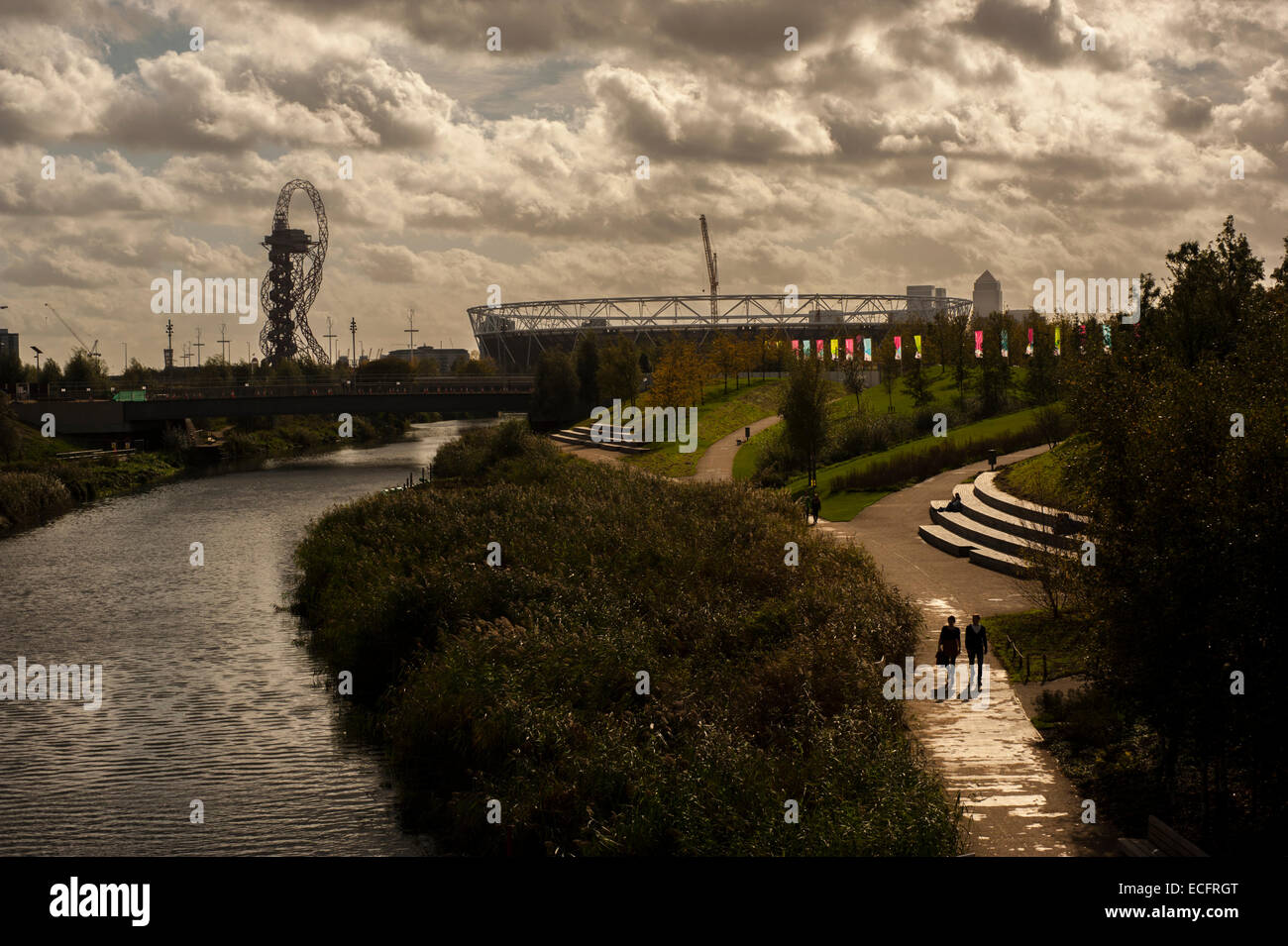 The river Lea and the Queen Elizabeth Olympic Park. Stock Photo