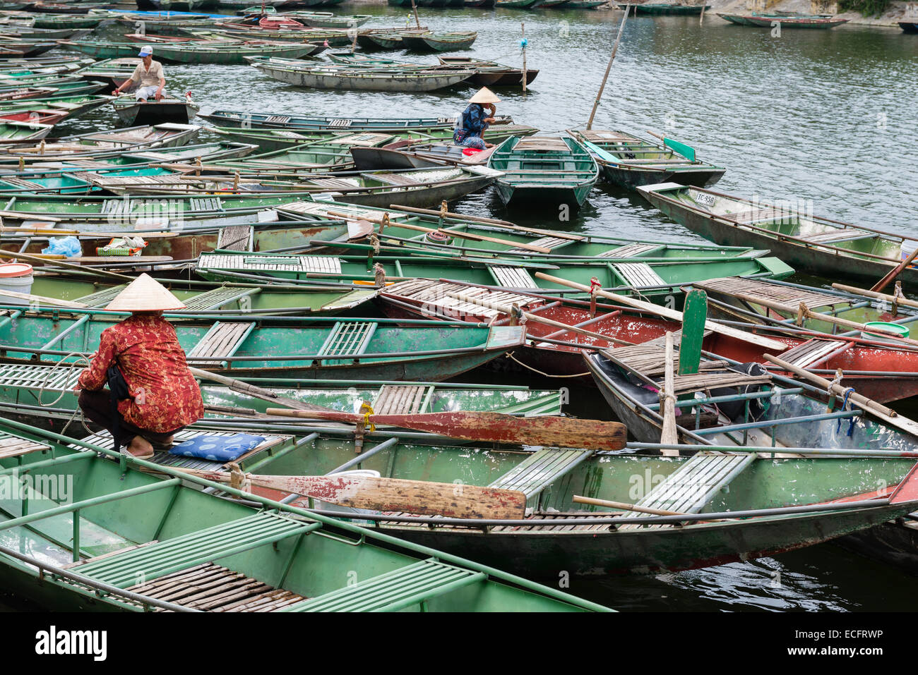 Rowing boats waiting for passengers on Ngo Dong RIver in Northern Vietnam Stock Photo