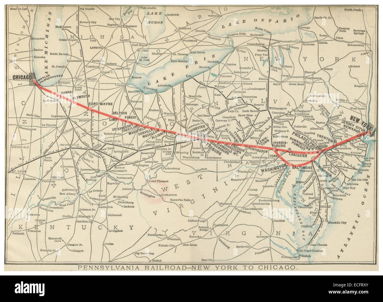 PRR(1893) Railroad Lines NEW YORK TO CHICAGO Stock Photo