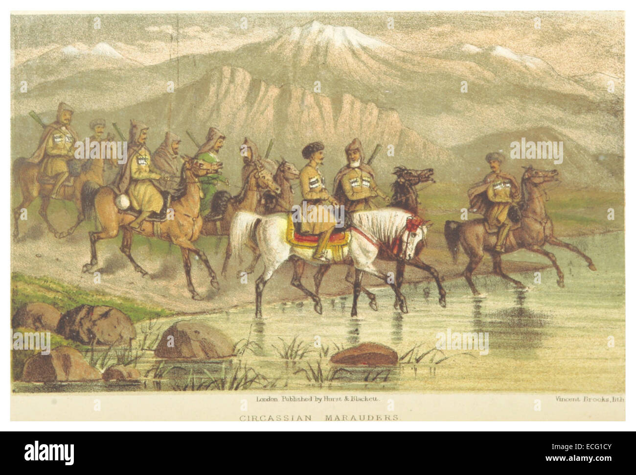This 1865 illustration by Ussher depicts the Circassian marauders, showing their role in the conflicts of the Caucasus region and their military attire. Stock Photo