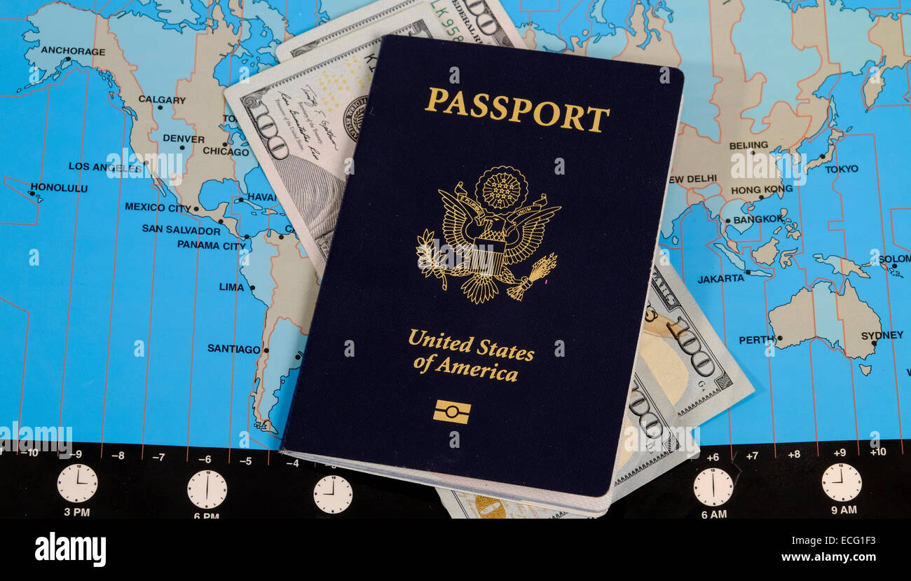 US Passport and currency on world time zone map Stock Photo