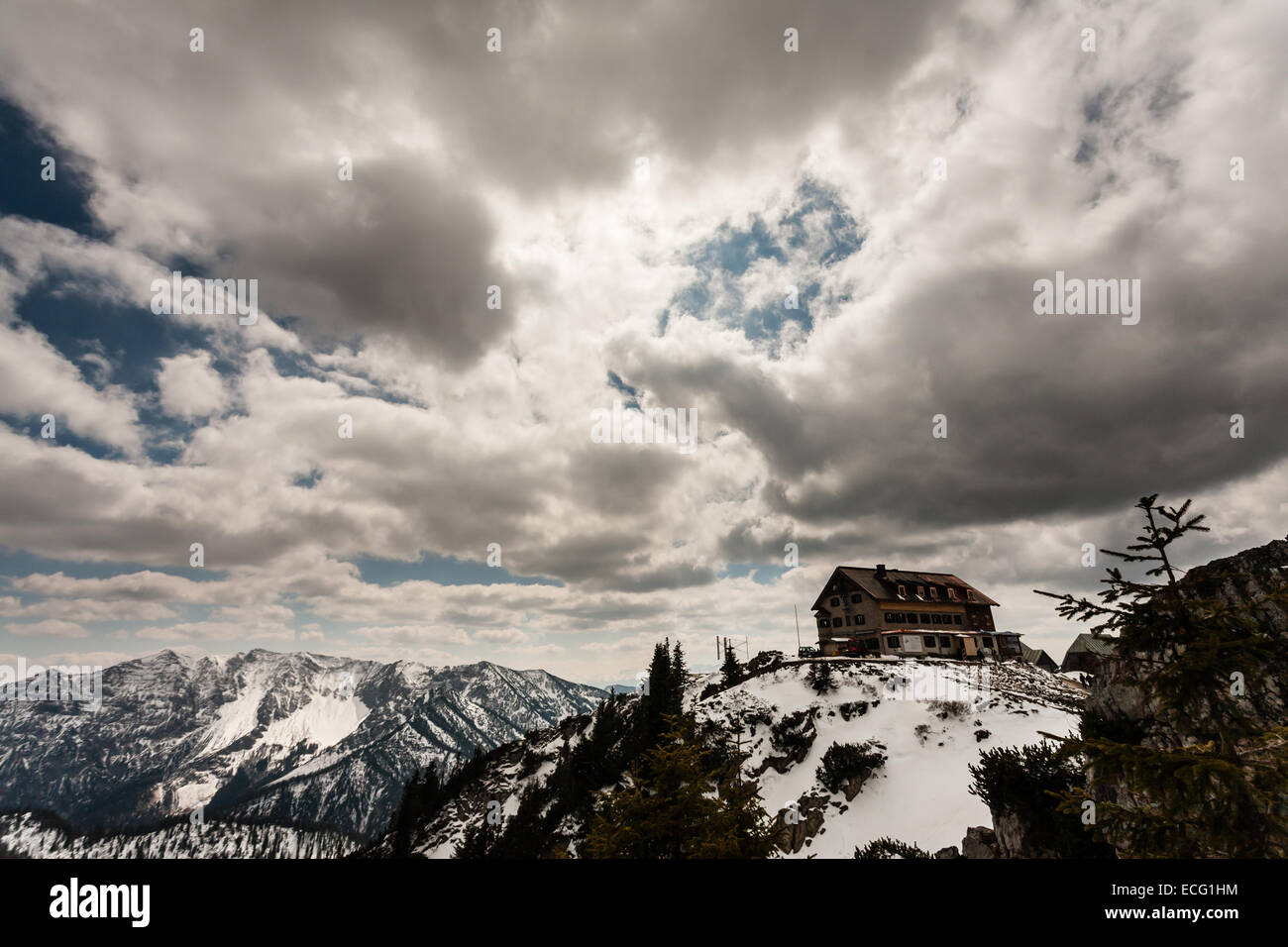 Neuhaus, a mountain lodge near the summit of a mountain called Rotwand, in the Bavarian alps. Stock Photo