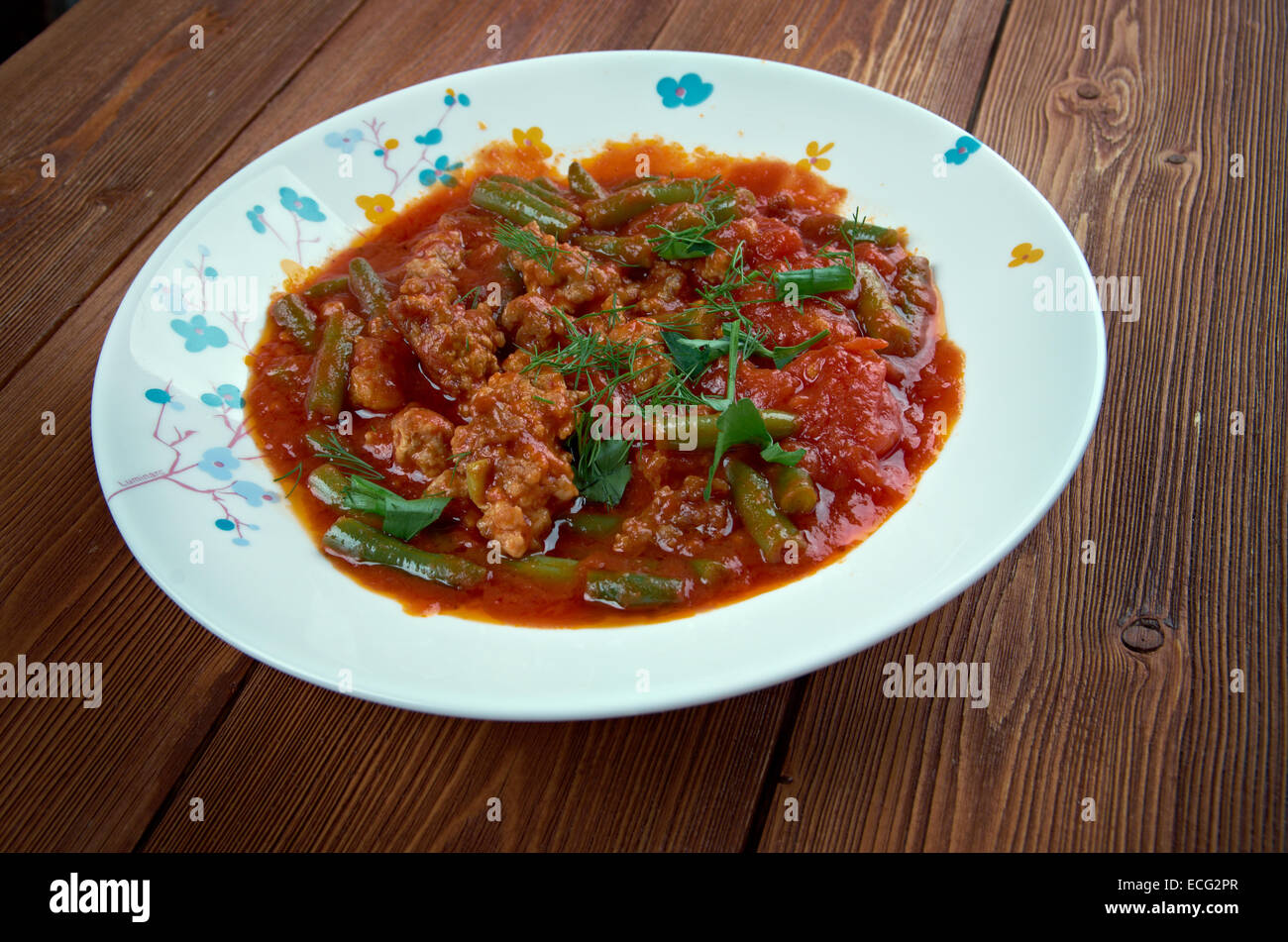kıymalı fasulye Turkish dish with minced beef, green beans in tomato