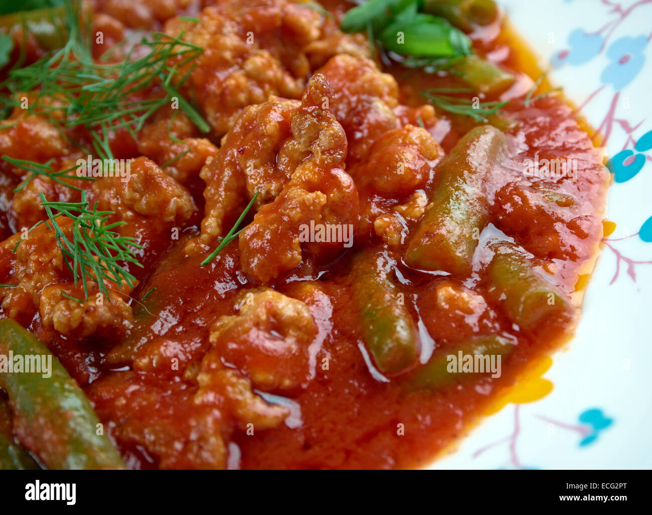 kıymalı fasulye Turkish dish with minced beef, green beans in tomato