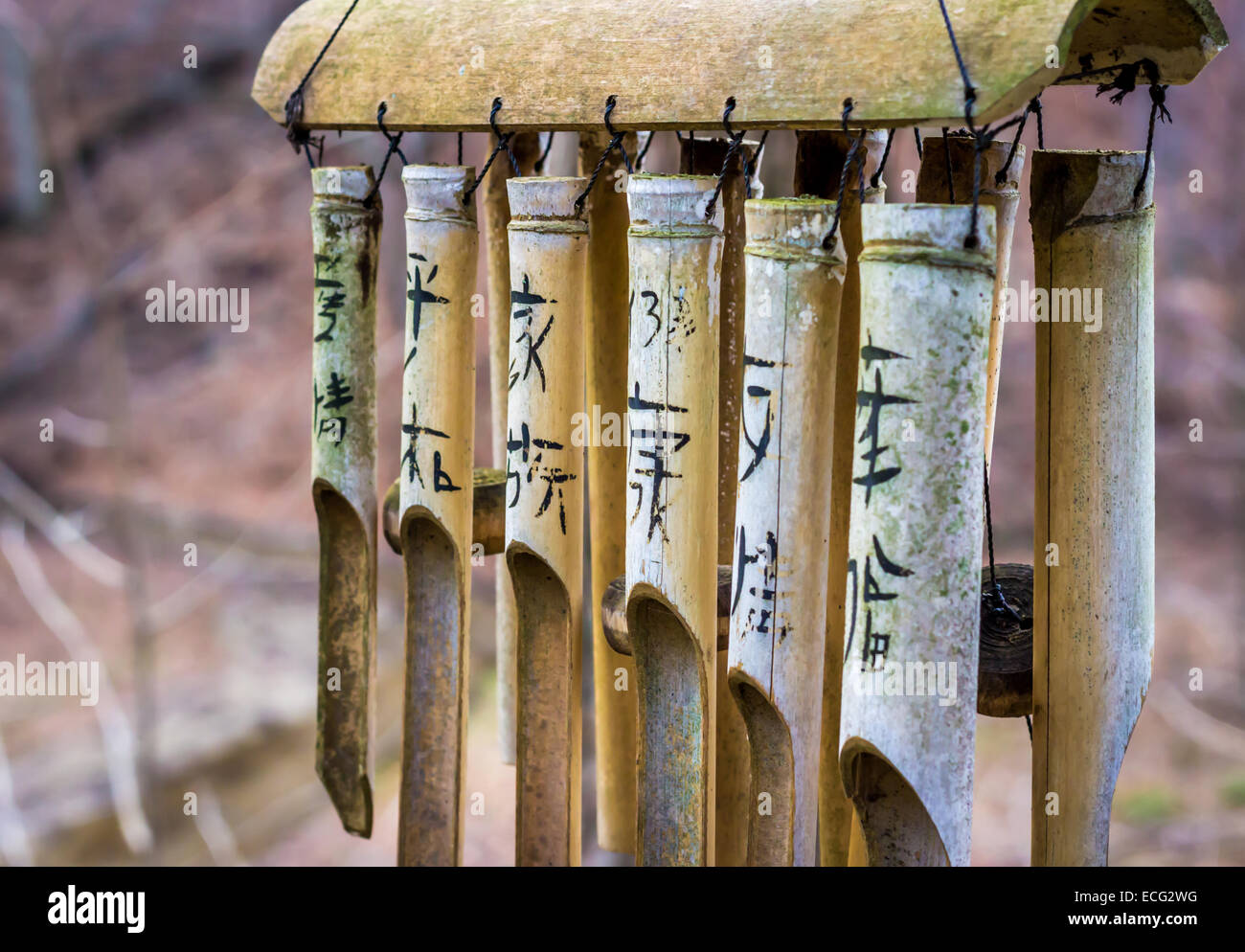 Asian culture influenced bamboo wind chimes. Stock Photo