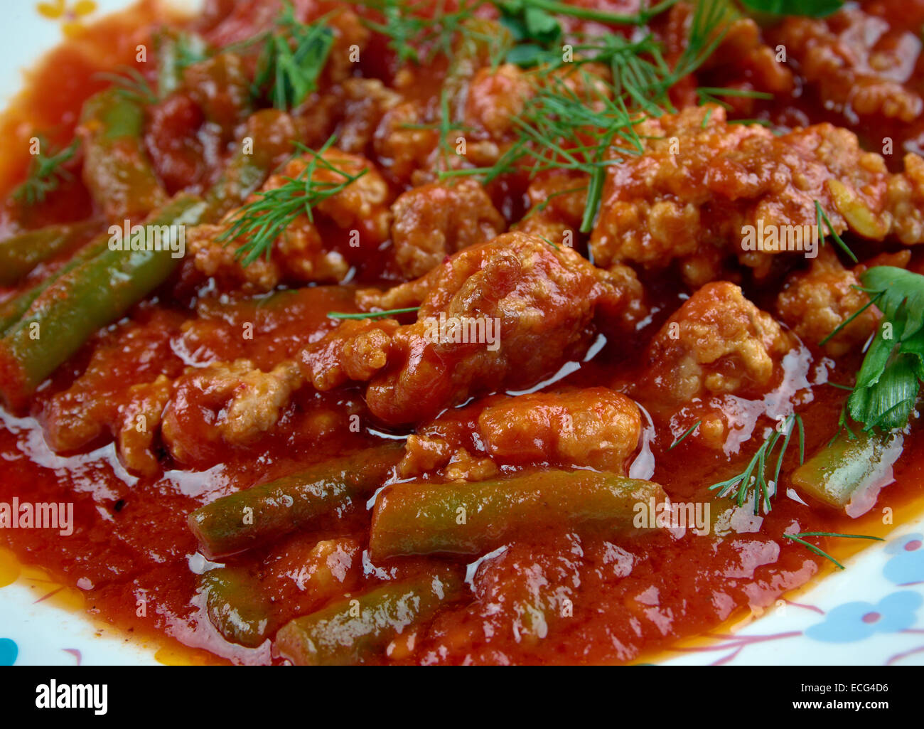 kıymalı fasulye Turkish dish with minced beef, green beans in tomato