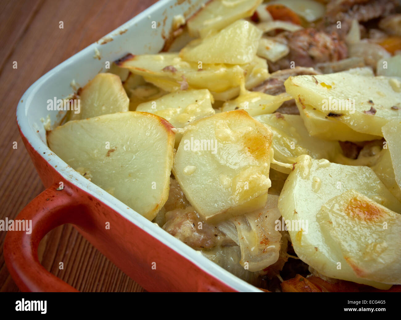 Lancashire hotpot dish made traditionally from lamb, topped with