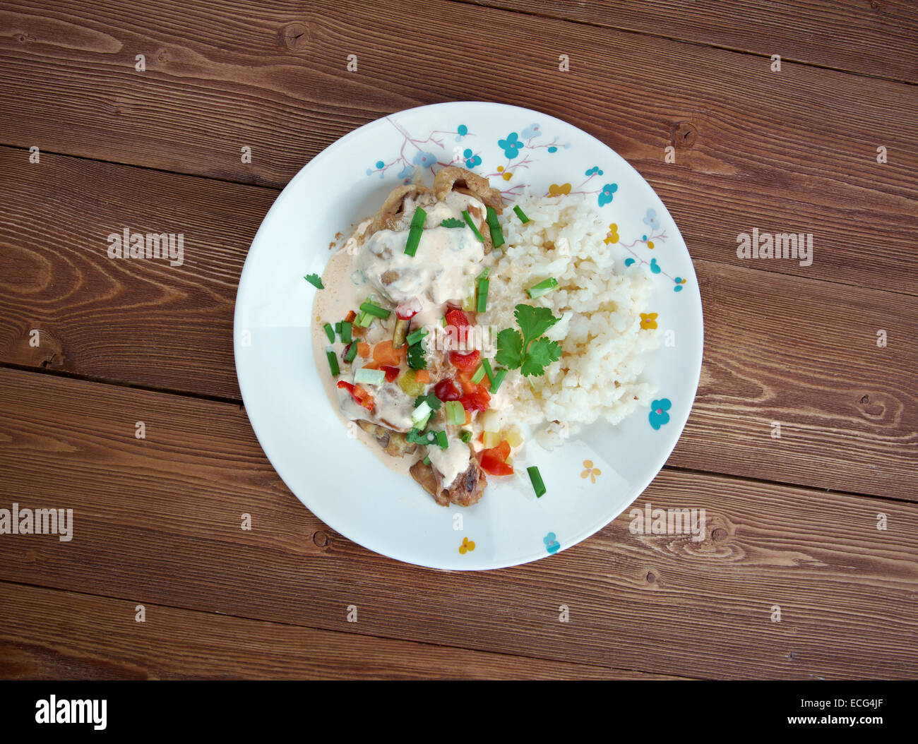 Chicken ala King Kingstyle Chicken. diced chicken in a cream sauce