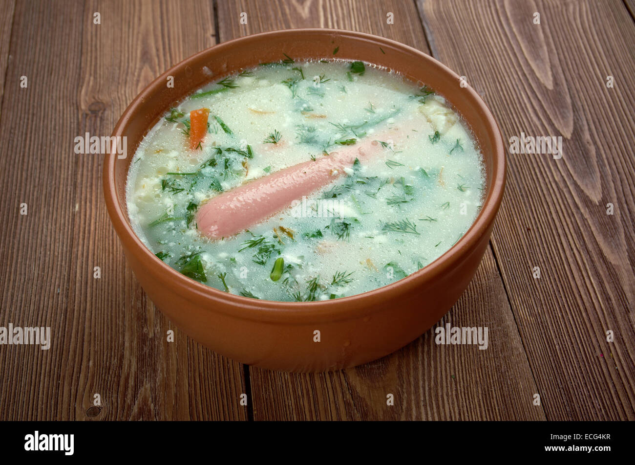 Kartoffel-Cremesuppe.  potato soup with Vienna sausage Stock Photo