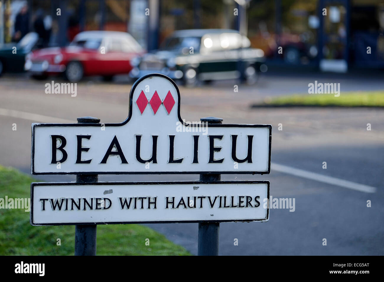 A village sign at Beaulieu, Hampshire, England, United Kingdom. Stock Photo