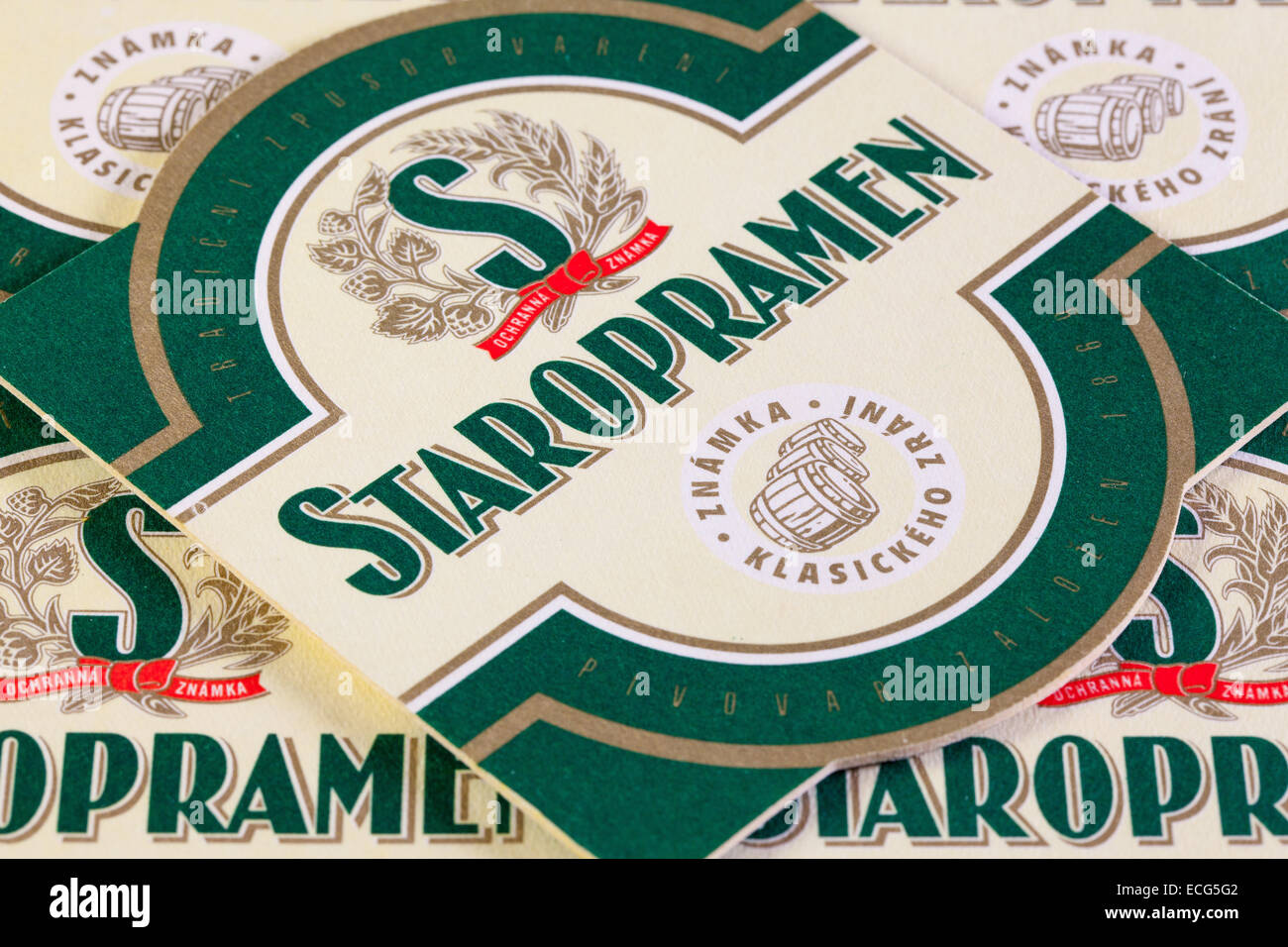 Brno,Czech Republic-August 1,2014:Beermats from Staropramen beer.Staropramen Brewery is the second largest brewery in the Czech Stock Photo