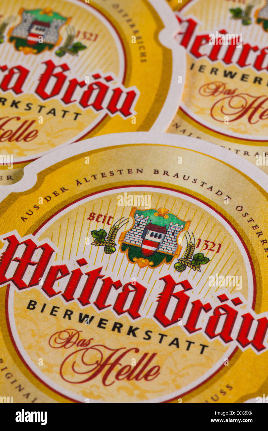 GERMANY,DRESDEN - September 20,2014:Beermats from Weitra Brau Beer, it is brewed in Austrias oldest beer city Weitra. Stock Photo