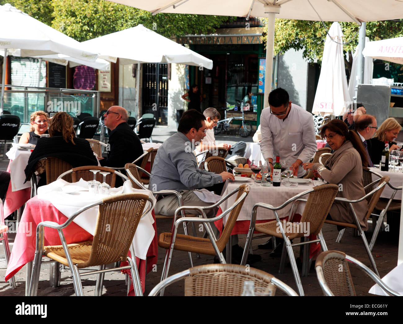 Lunch at a Plaza Sant Ana restaurant in Madrid. Stock Photo