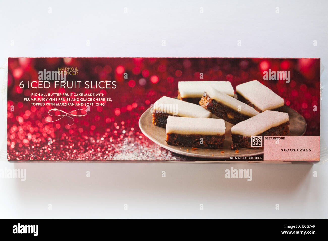 box of Marks & Spencer 6 Iced Fruit Slices isolated on white background Stock Photo