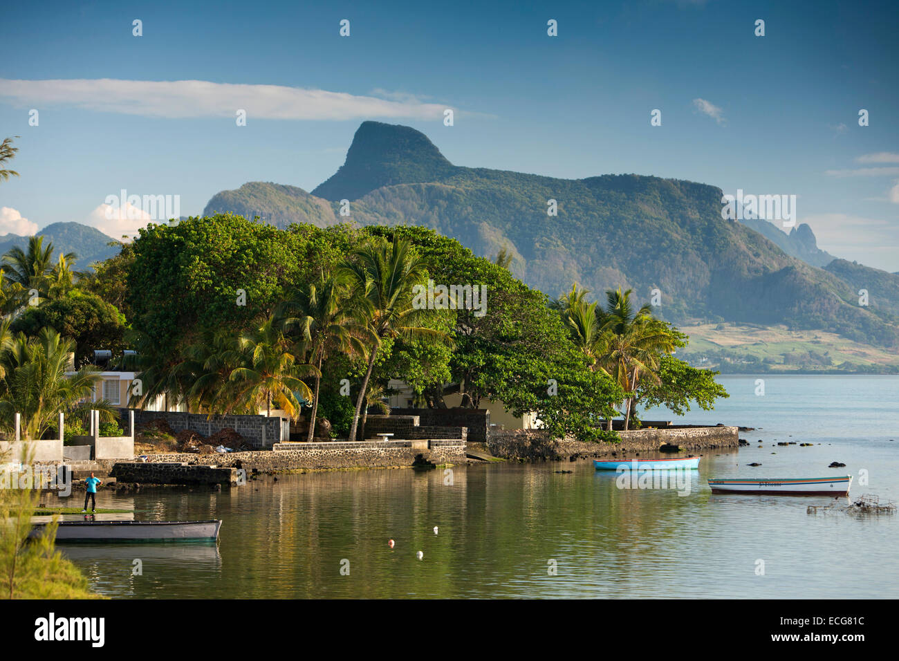 Mauritius, Mahebourg, coastline and volcanic coastal mountains Stock Photo