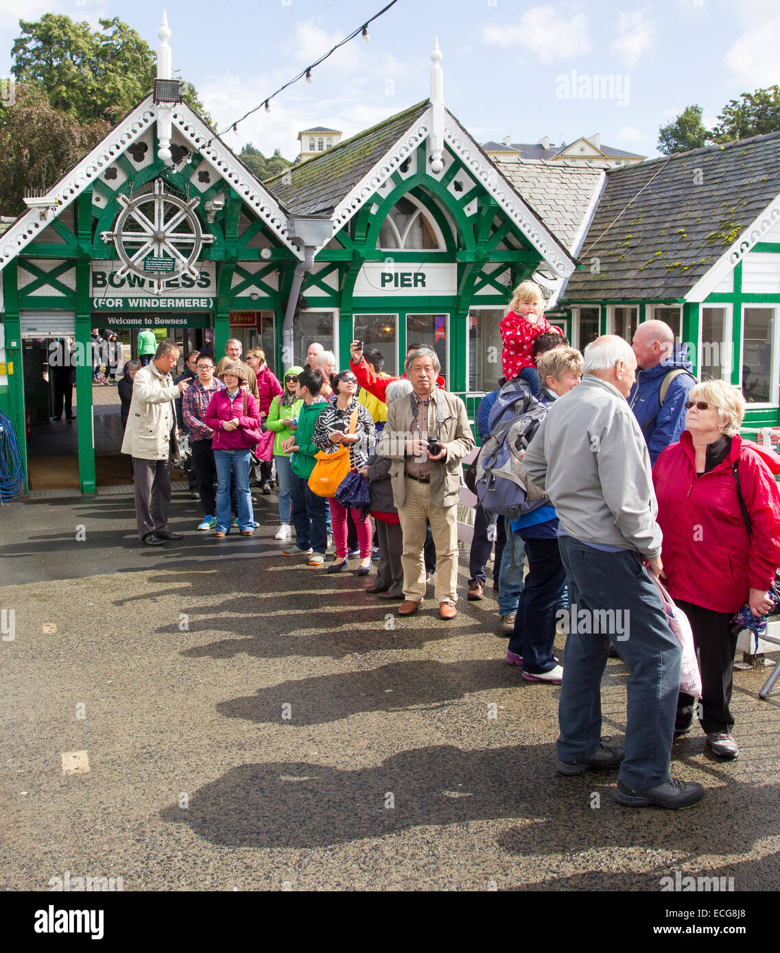 Bowness Bay Lake Windermere pier passengers queuing for boat trip