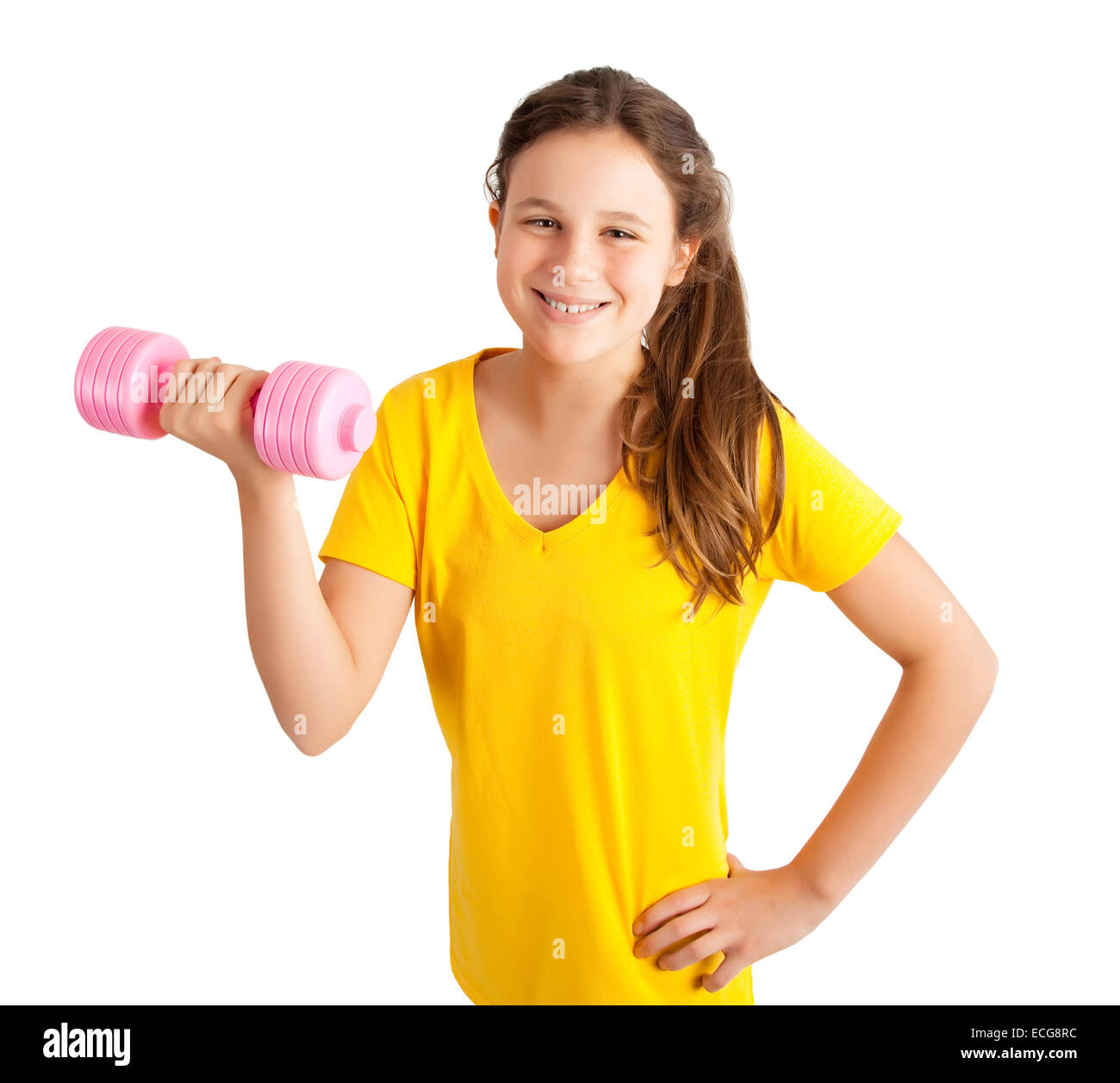 young girl with dumbbell Stock Photo