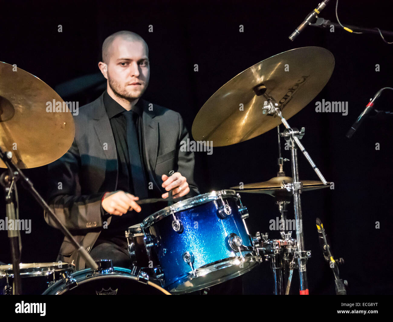 Kiev, Ukraine. 13th Dec, 2014. Pavlo Galitsky - drums -- Constantine Ionenko Quintet performs in Kiev  December 13, 2014. International jazz festival Jazz Bez 2014 hold in capital of Ukraine. Over the last ten years Konstantin Ionenko played a huge number of projects. It has become a tradition to his participation in the festival Jazz Bez. Credit:  Igor Golovnov/Alamy Live News Stock Photo