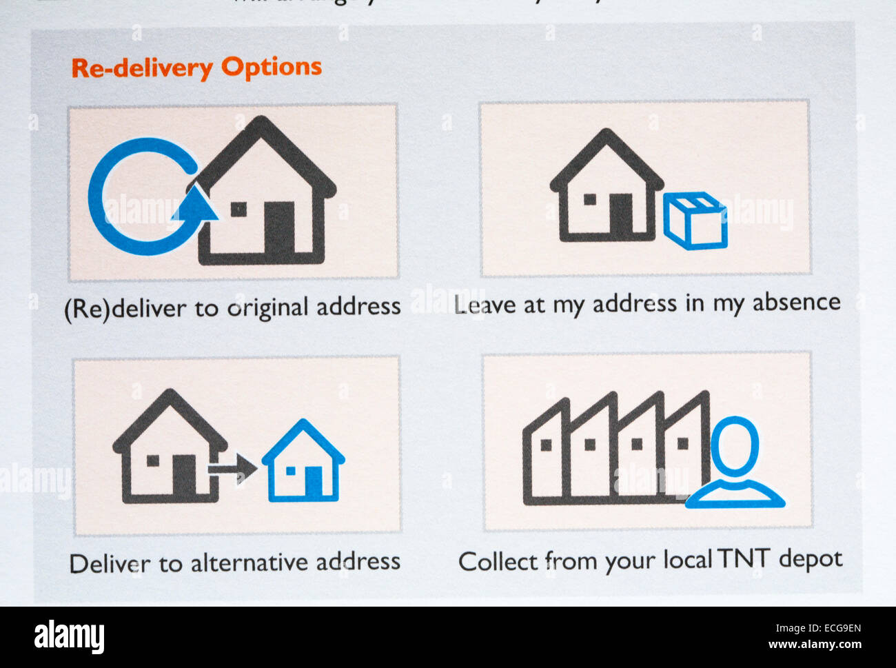 Re-delivery options on TNT sorry we missed you card left by TNT courier as no one home to receive parcel package mail Stock Photo