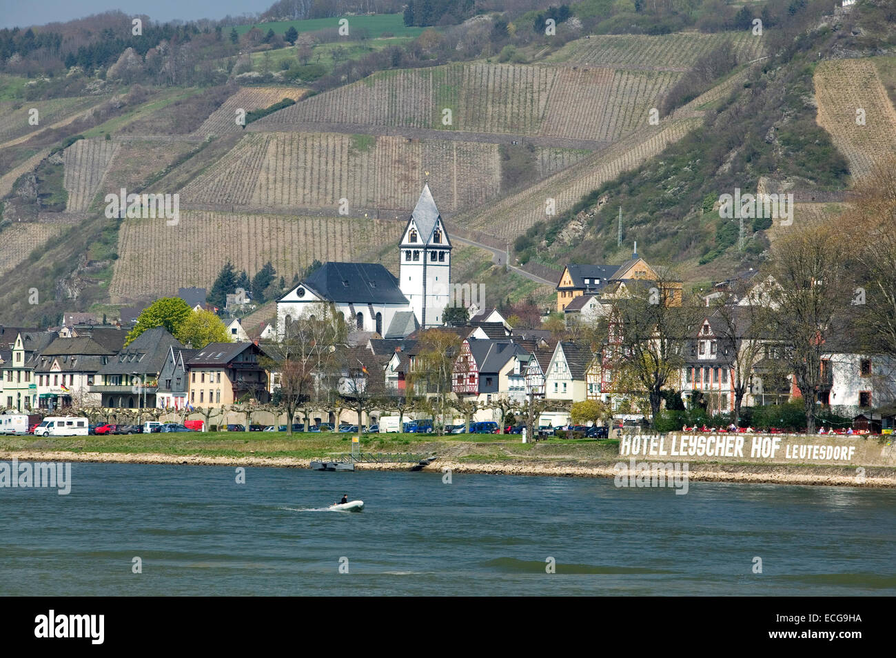 Leutesdorf, view over the Rhine from Andernach, Rhineland-Palatinate, Germany, Europe Stock Photo