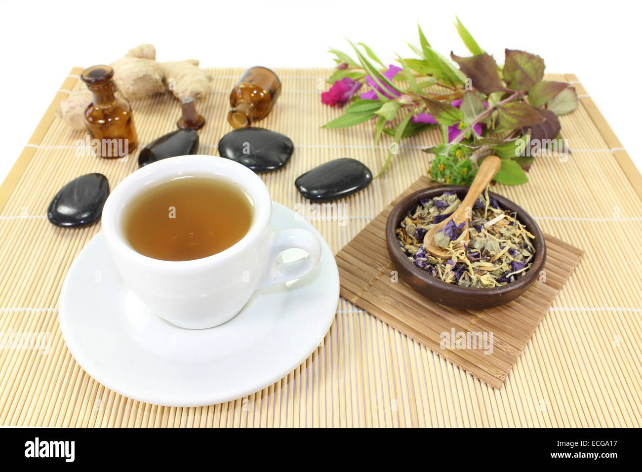 a cup of herbal tea and Chinese medicinal herbs Stock Photo