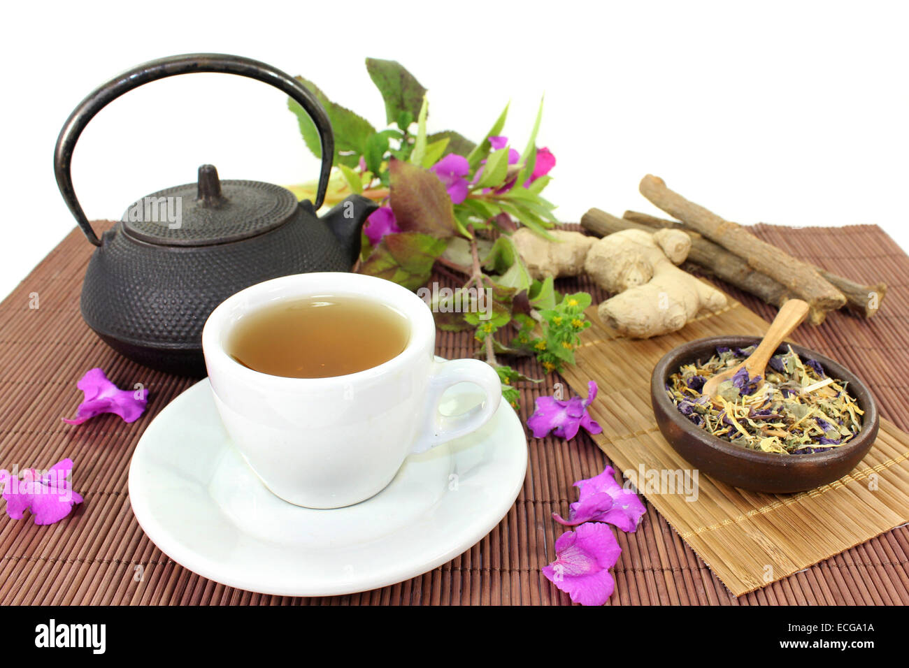 a cup of herbal tea and Chinese medicinal herbs Stock Photo
