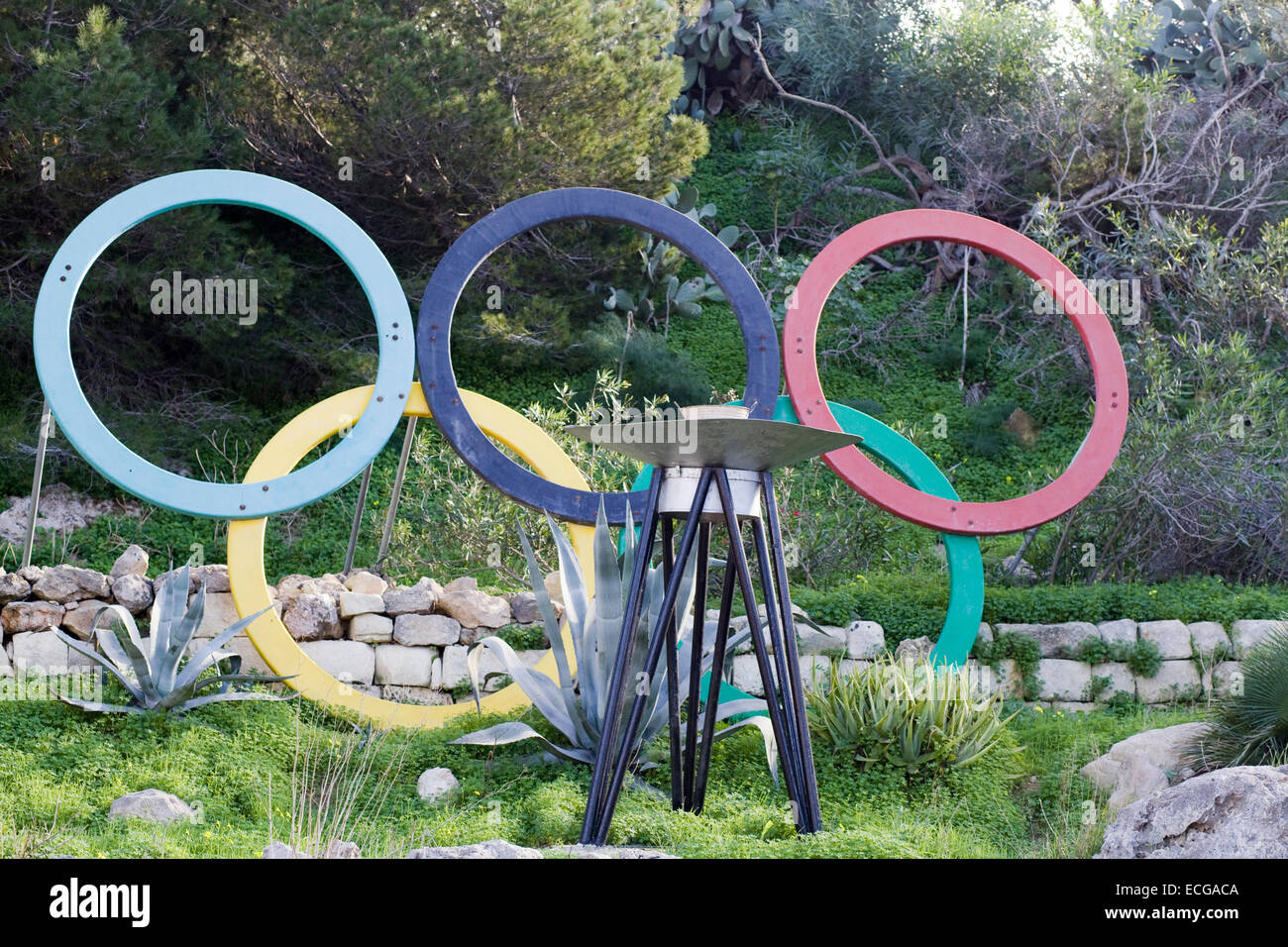 The symbol of the Olympic Games, five interlocking rings, colored blue,  yellow, black, green, and red on a white field Stock Photo - Alamy