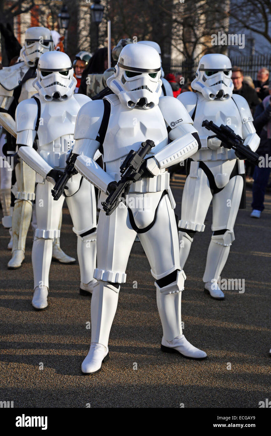 London, UK. 14th December 2014. Stormtroopers at the Annual London Pantomime Horse Race, Greenwich, London which is a charity fun run with people dressed up as Pantomime Horses (and zebras!) in aid the the Demelza Children's Hospice. This year the theme was Science Fiction and the event started with a parade led by Darth Vader and his Stormtroopers and many Princess Leias were on hand to assist with the running of the race. Credit:  Paul Brown/Alamy Live News Stock Photo