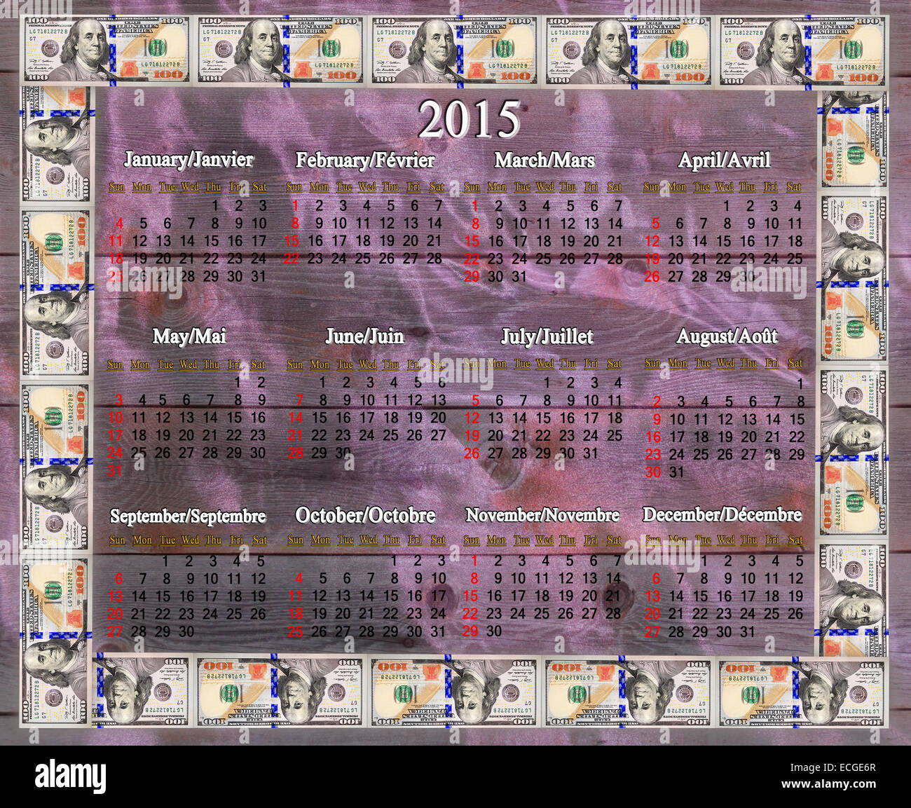 calendar for 2015 year in the dollars' frame on the lilac fabric background Stock Photo