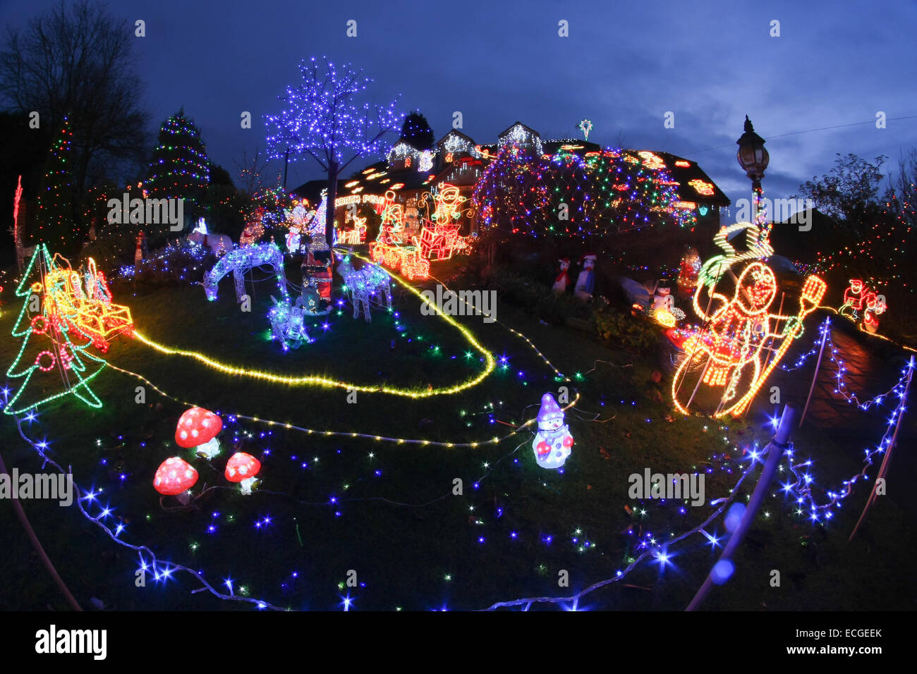 Christmas lights on the front lawn and house, Bromsgrove, Worcs UK