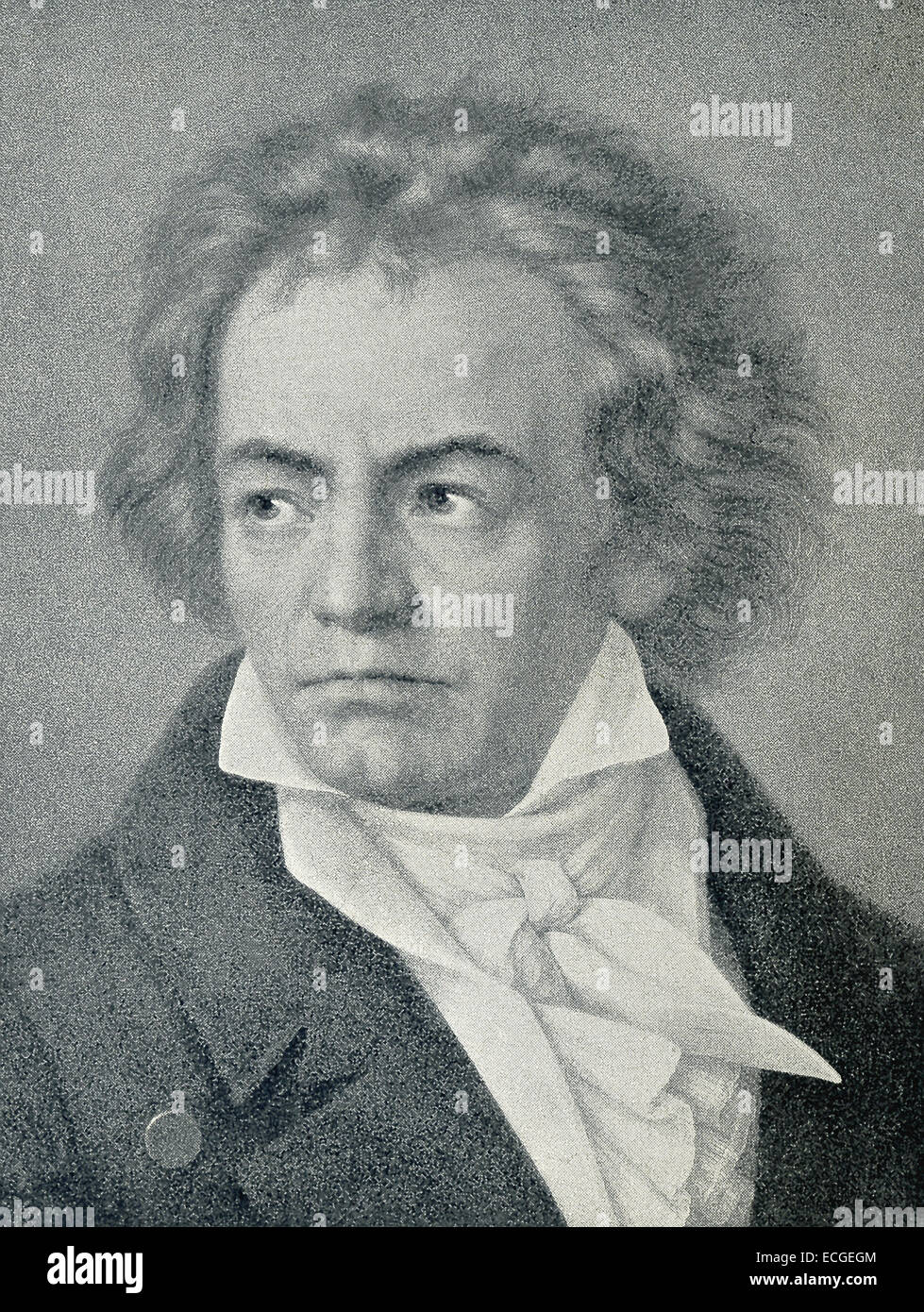 This is a lithograph of an 1819 painting of Beethoven by the German/Hungarian painter Ferdinand Schimon. German composer and pianist Ludwig van Beethoven (1770-1827) played a key role in Western art music, during the transition period between Classical and Romantic eras.. Stock Photo