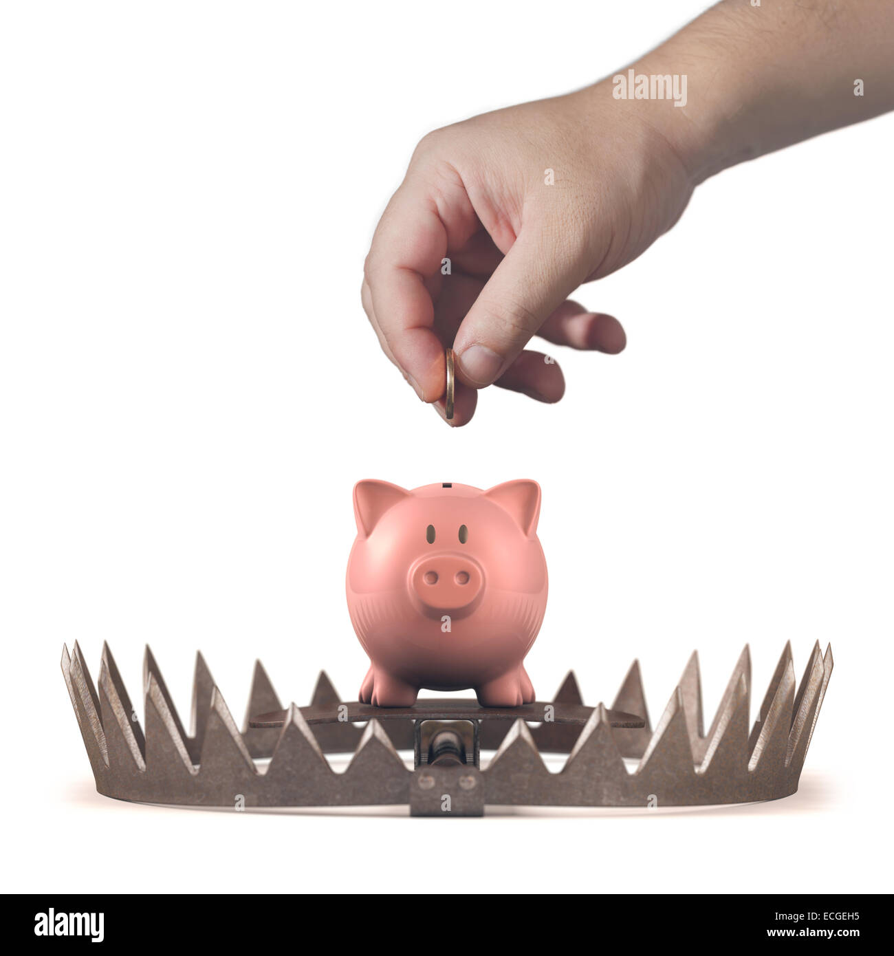 Piggy bank in the bear trap on white background Stock Photo - Alamy