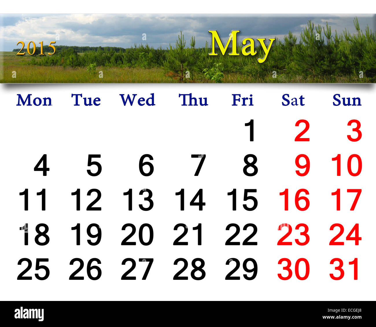 calendar for May of 2015 on the background of thunder storm clouds and pines Stock Photo