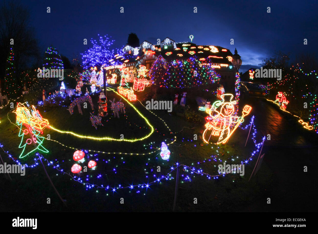 Christmas lights on the front lawn and house, Bromsgrove, Worcs UK