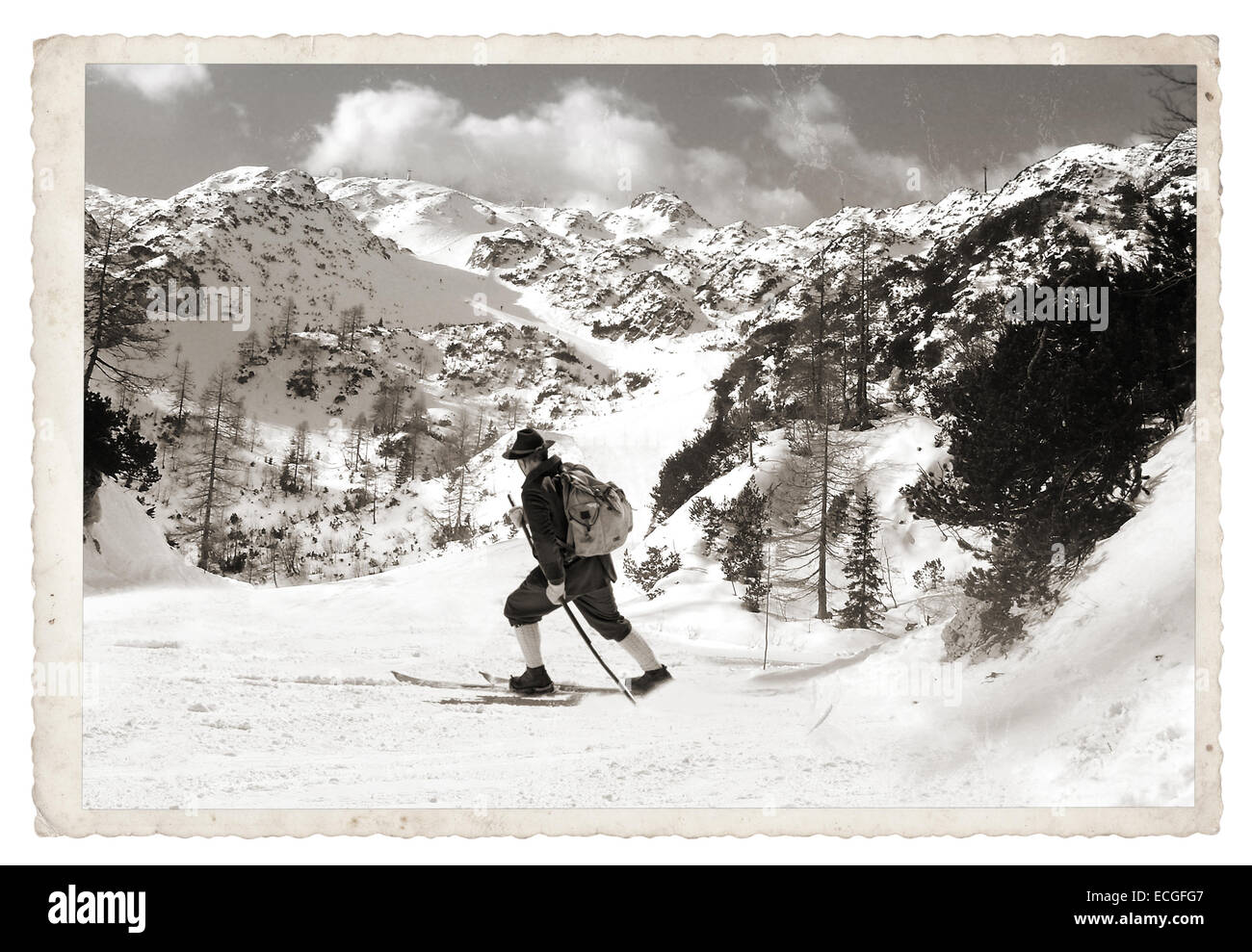 Vintage photos old skier with traditional old wooden skis Stock Photo