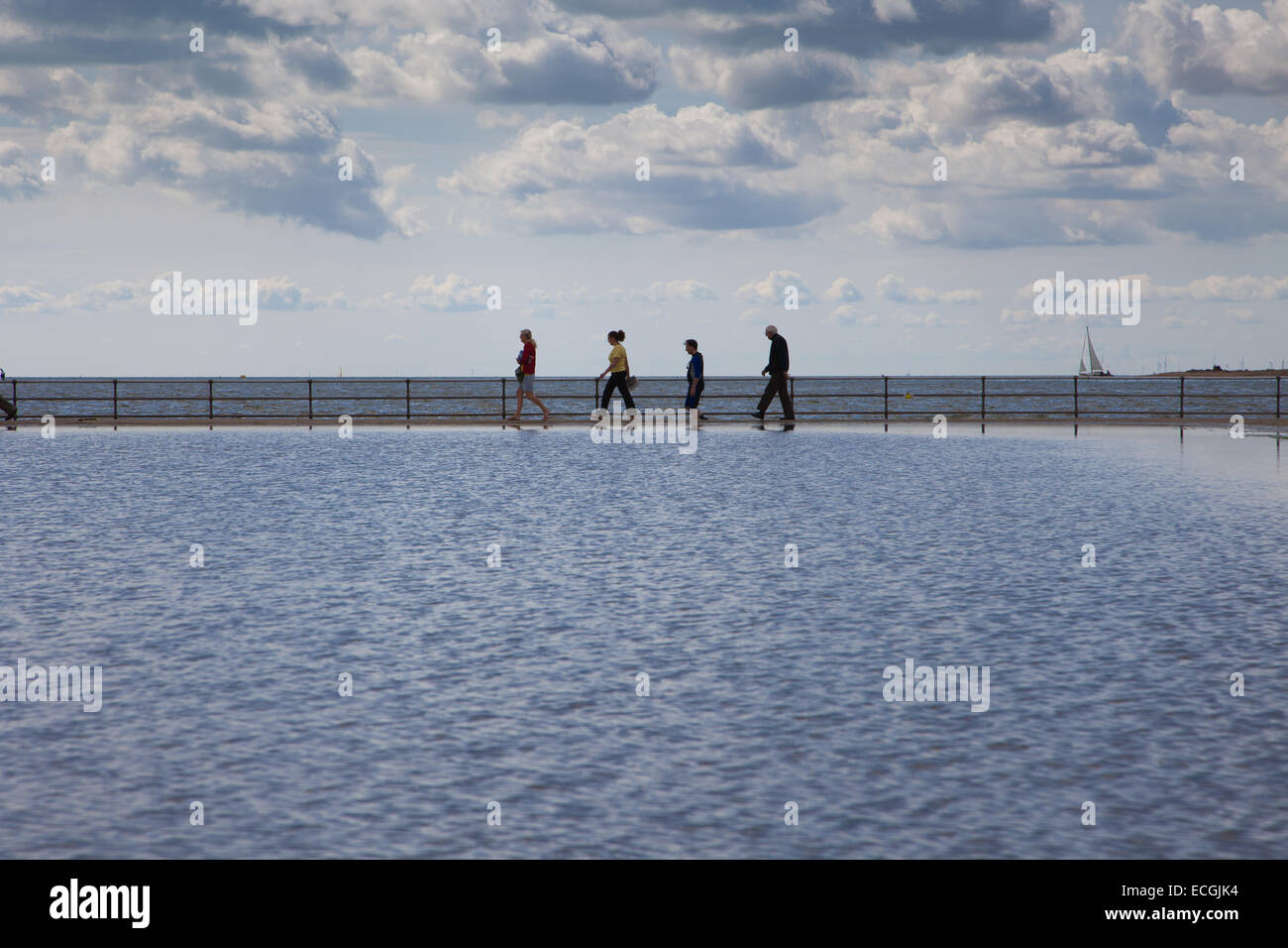People on holiday at the Brightlingsea  walking past the tidal wall with a large area of sky Stock Photo