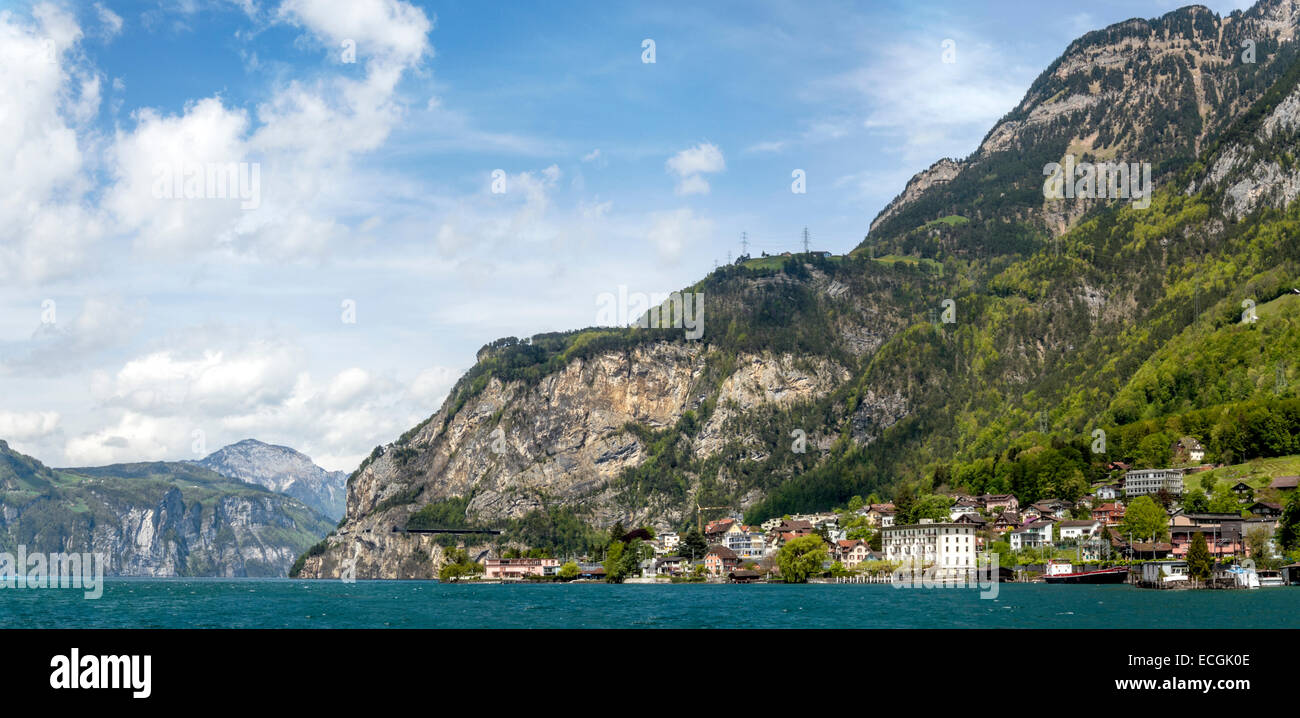 Panorama view over Fluelen at Lake Lucerne, Schwyz, Switzerland Stock Photo