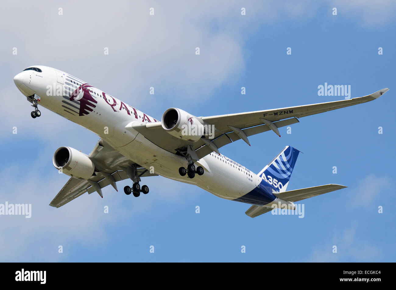 The Airbus A350 XWB is a new family of long-range, twin-engine wide-body jet airliners developed by European manufacturer Airbus Stock Photo