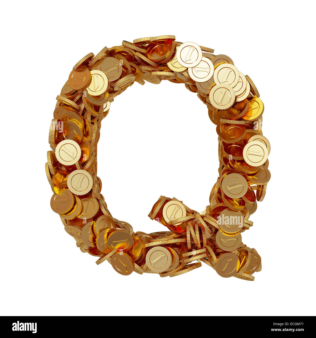 3d illustration of alphabet letter Q with golden coins isolated on white background Stock Photo