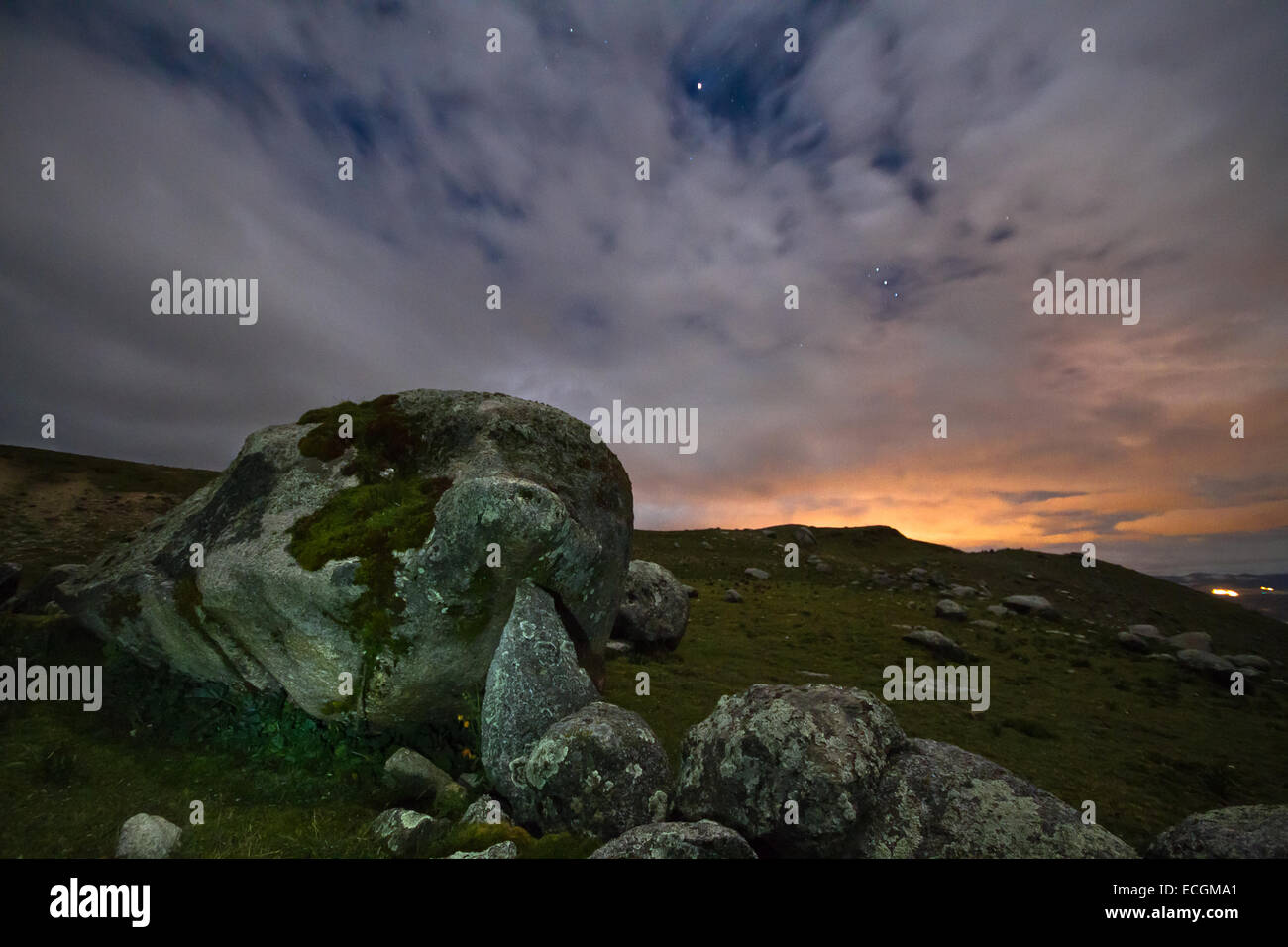 Pre-Inca Ruins at Night, Cordillera Blanca, Peru Stock Photo