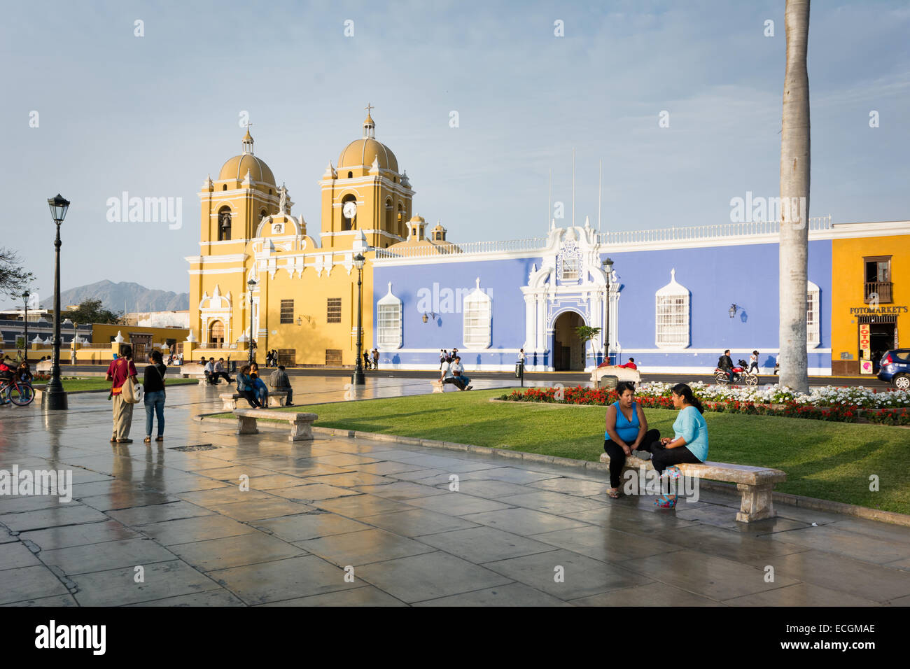 Evening in the Colonial-Style Main Square (Plaza de Armas) of Trujillo, Peru, South America Stock Photo