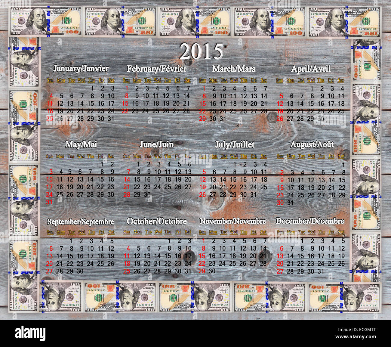 calendar for 2015 year in the American dollars' frame on the wooden board Stock Photo